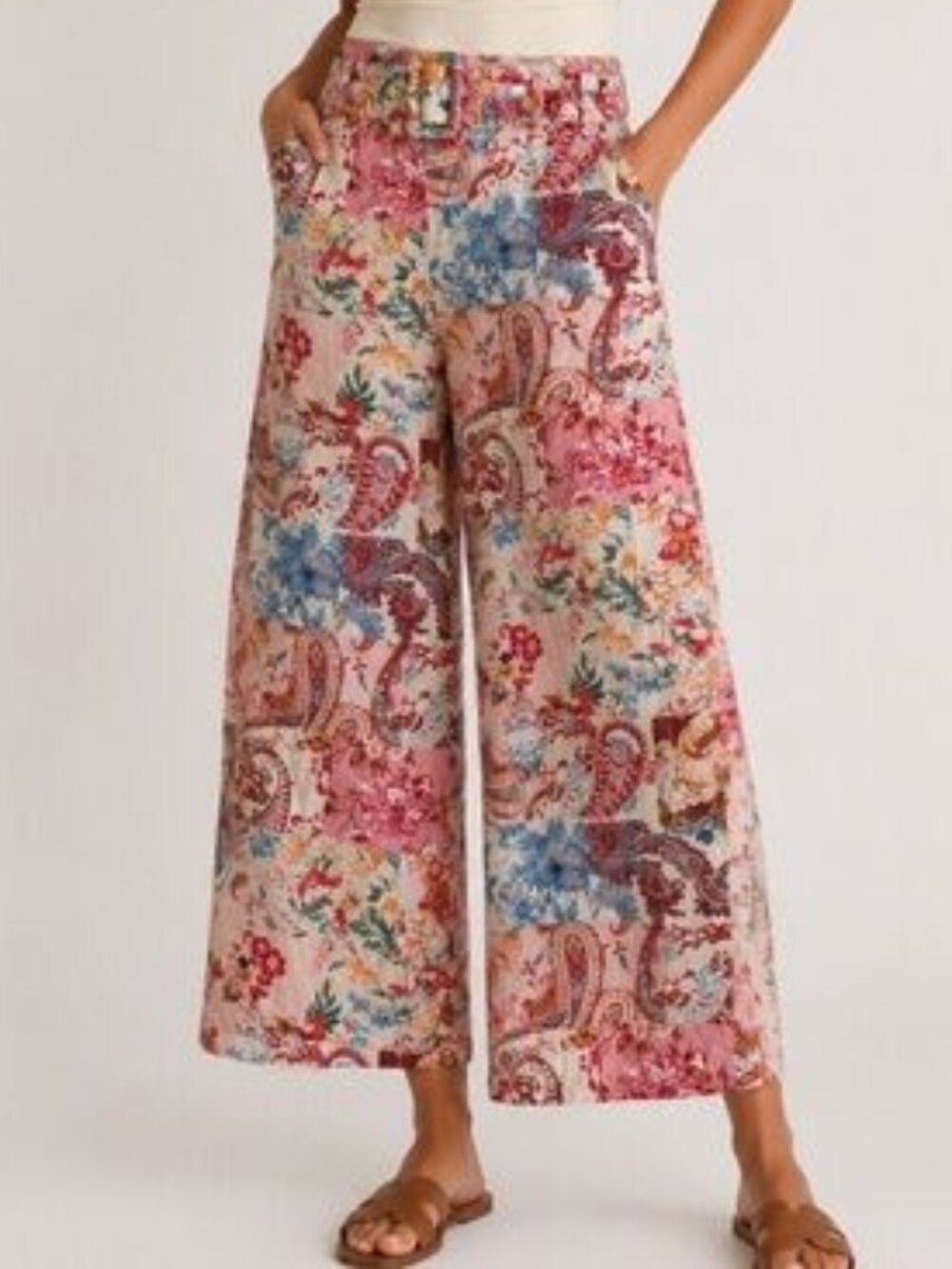 NWT Sigrid Olsen Patchwork Paisley Floral Wide Leg Linen Blend Pants BOHO 14